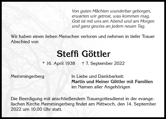 Traueranzeige von Steffi Göttler von Memminger Zeitung
