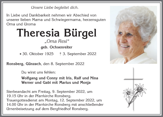 Traueranzeige von Theresia Bürgel von Allgäuer Zeitung, Marktoberdorf