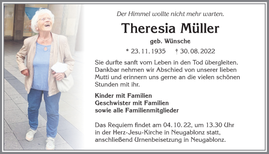 Traueranzeige von Theresia Müller von Allgäuer Zeitung, Kaufbeuren/Buchloe