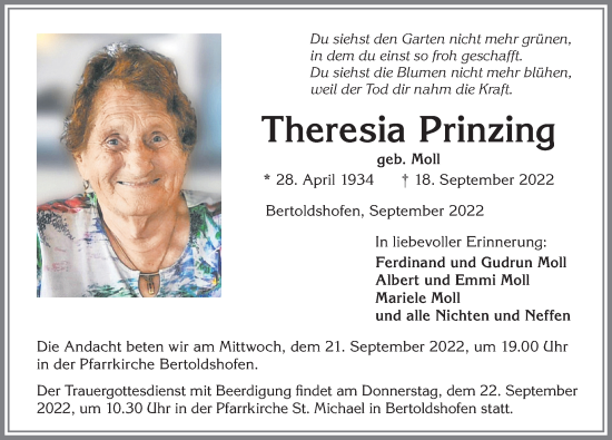 Traueranzeige von Theresia Prinzing von Allgäuer Zeitung, Marktoberdorf