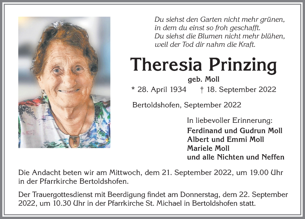  Traueranzeige für Theresia Prinzing vom 21.09.2022 aus Allgäuer Zeitung, Marktoberdorf