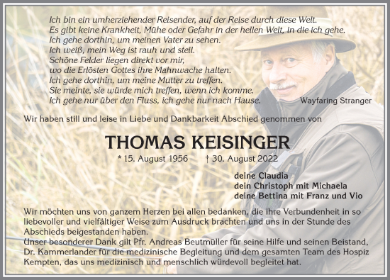 Traueranzeige von Thomas Keisinger von Allgäuer Zeitung,Kempten