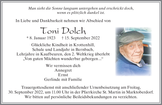 Traueranzeige von Toni Dolch von Allgäuer Zeitung, Marktoberdorf