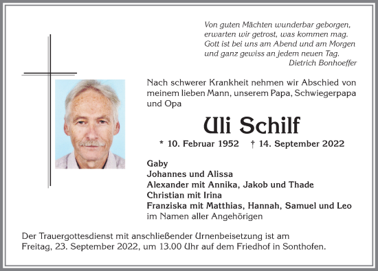 Traueranzeige von Uli Schilf von Allgäuer Anzeigeblatt