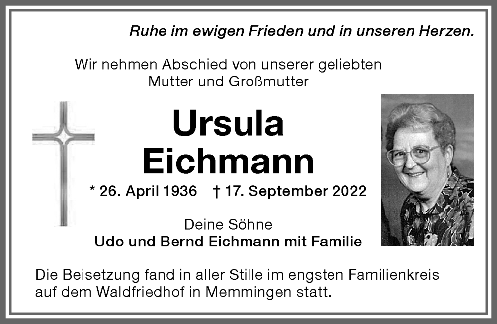  Traueranzeige für Ursula Eichmann vom 23.09.2022 aus Memminger Zeitung