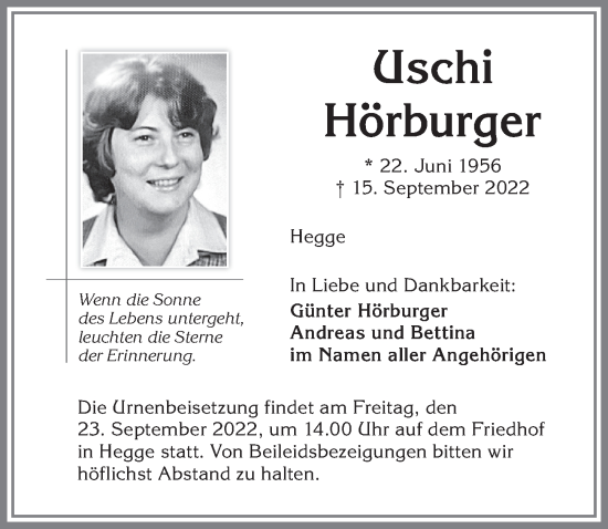 Traueranzeige von Uschi Hörburger von Allgäuer Zeitung,Kempten