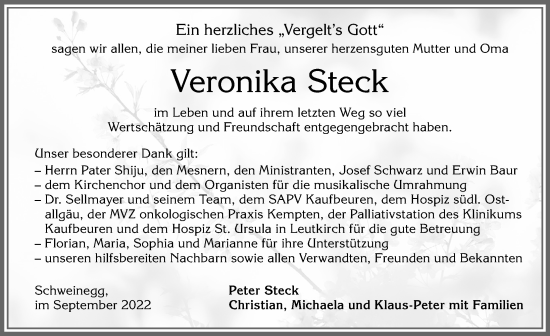 Traueranzeige von Veronika Steck von Allgäuer Zeitung, Füssen