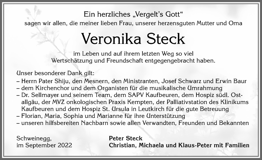  Traueranzeige für Veronika Steck vom 17.09.2022 aus Allgäuer Zeitung, Füssen