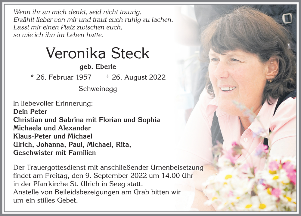  Traueranzeige für Veronika Steck vom 03.09.2022 aus Allgäuer Zeitung, Füssen