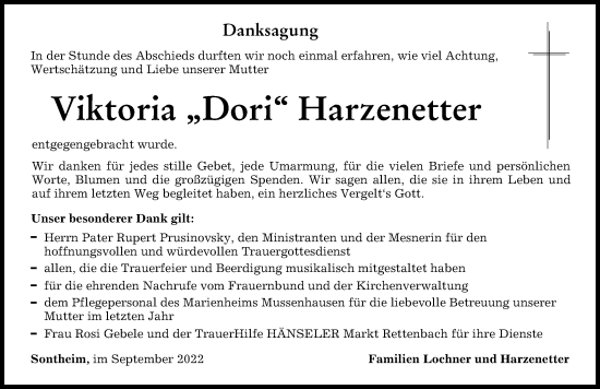 Traueranzeige von Viktoria Harzenetter von Memminger Zeitung