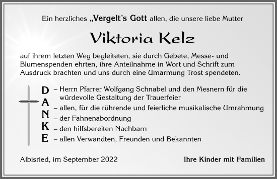 Traueranzeige von Viktoria Kelz von Allgäuer Zeitung, Füssen