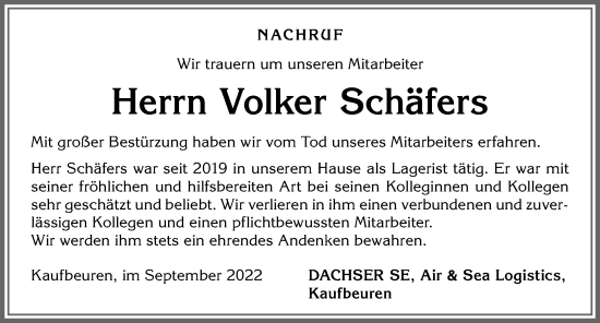 Traueranzeige von Volker Schäfers von Allgäuer Zeitung, Kaufbeuren/Buchloe