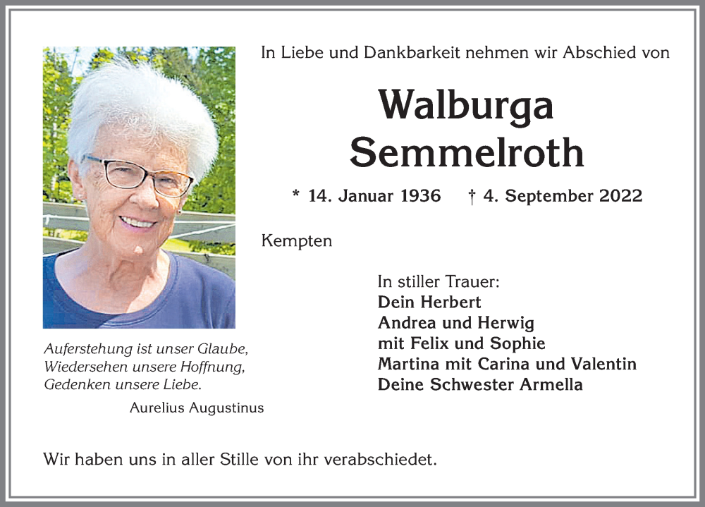  Traueranzeige für Walburga Semmelroth vom 10.09.2022 aus Allgäuer Zeitung,Kempten