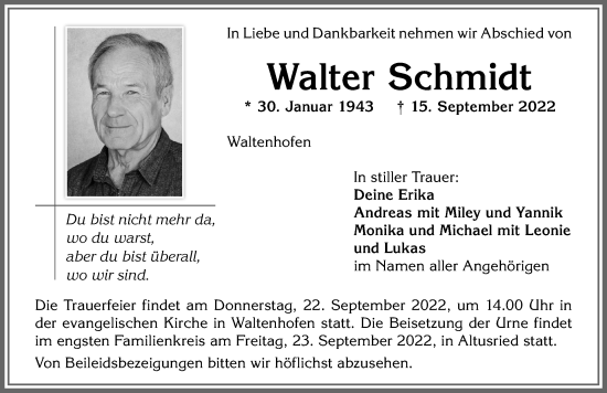 Traueranzeige von Walter Schmidt von Allgäuer Zeitung,Kempten