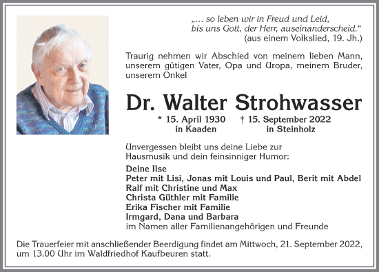 Traueranzeige von Walter Strohwasser von Allgäuer Zeitung, Kaufbeuren/Buchloe