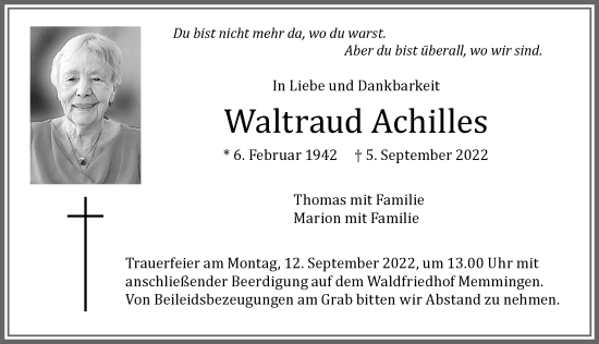 Traueranzeige von Waltraud Achilles von Memminger Zeitung