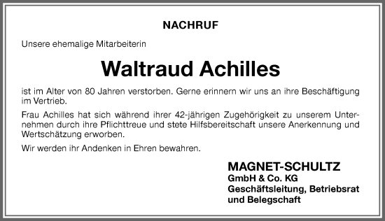 Traueranzeige von Waltraud Achilles von Memminger Zeitung