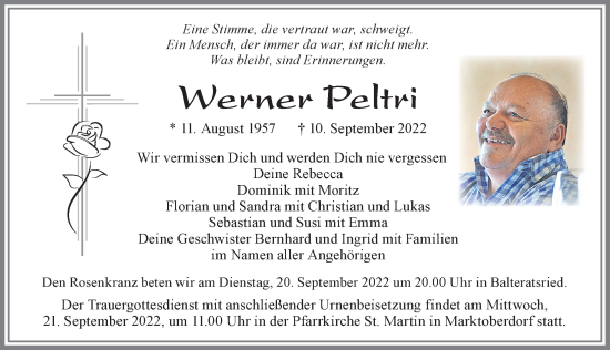 Traueranzeige von Werner Peltri von Allgäuer Zeitung, Marktoberdorf