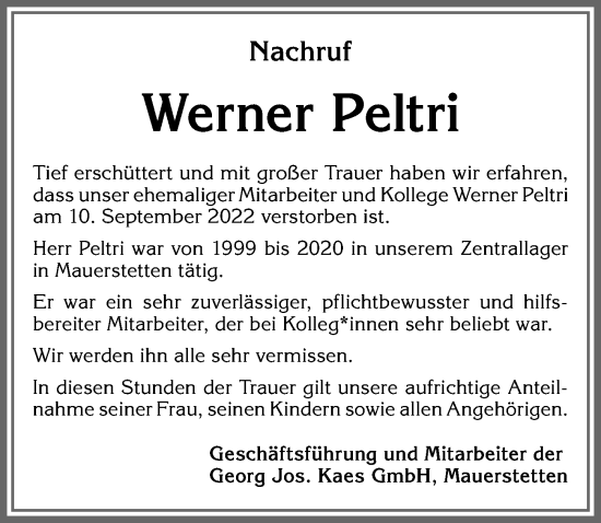 Traueranzeige von Werner Peltri von Allgäuer Zeitung, Marktoberdorf