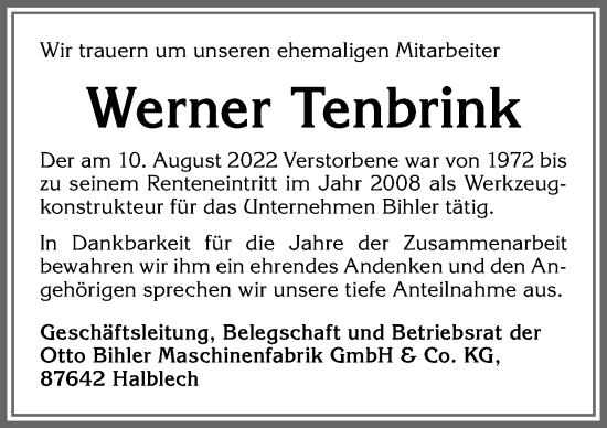 Traueranzeige von Werner Tenbrink von Allgäuer Zeitung, Füssen