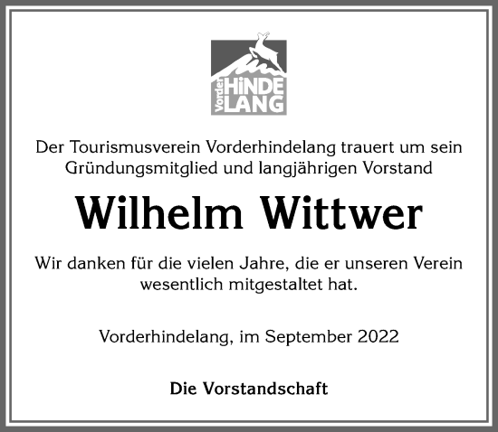 Traueranzeige von Wilhelm Wittwer von Allgäuer Anzeigeblatt