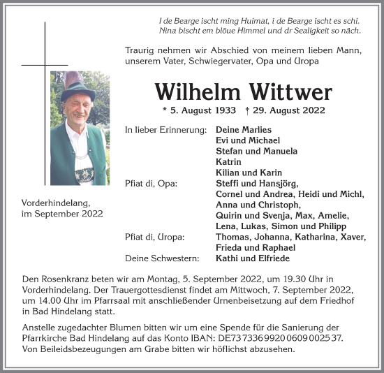 Traueranzeige von Wilhelm Wittwer von Allgäuer Anzeigeblatt