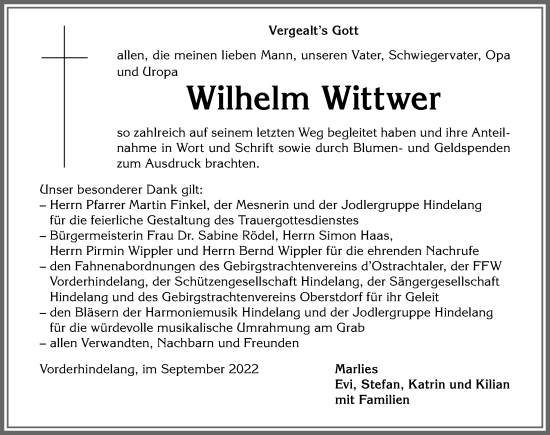 Traueranzeige von Wilhelm Wittwer von Allgäuer Anzeigeblatt
