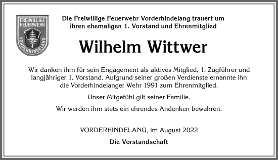 Traueranzeige von Wilhelm Wittwer von Allgäuer Anzeigeblatt