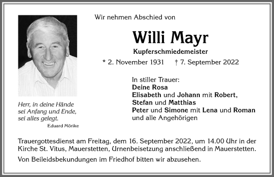Traueranzeige von Willi Mayr von Allgäuer Zeitung, Kaufbeuren/Buchloe