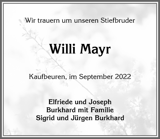 Traueranzeige von Willi Mayr von Allgäuer Zeitung, Kaufbeuren/Buchloe