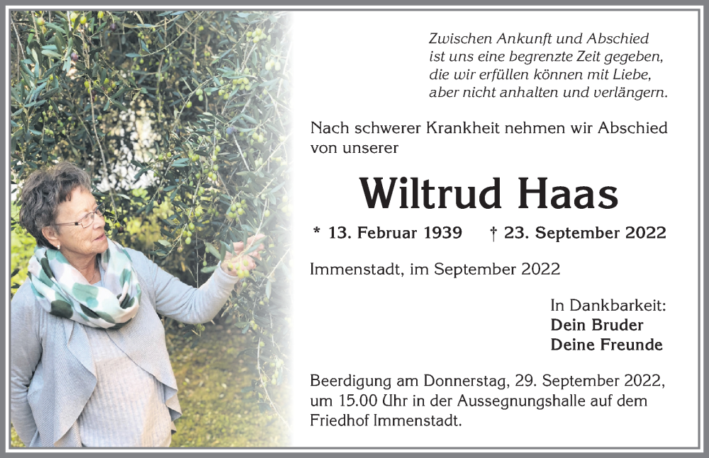  Traueranzeige für Wiltrud Haas vom 29.09.2022 aus Allgäuer Anzeigeblatt