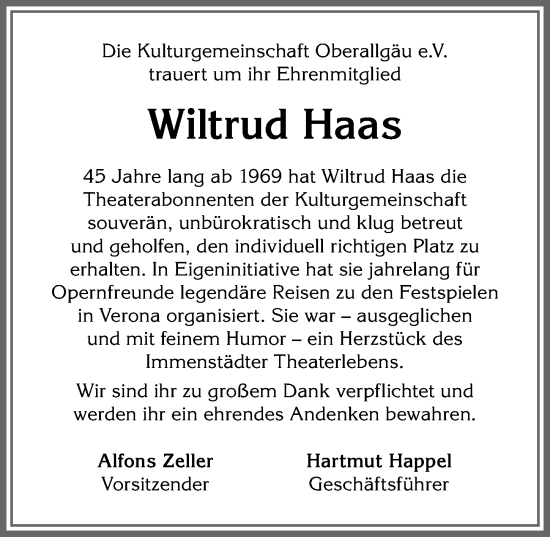 Traueranzeige von Wiltrud Haas von Allgäuer Anzeigeblatt
