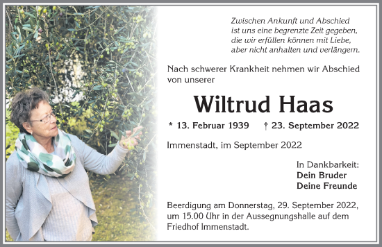 Traueranzeige von Wiltrud Haas von Allgäuer Anzeigeblatt