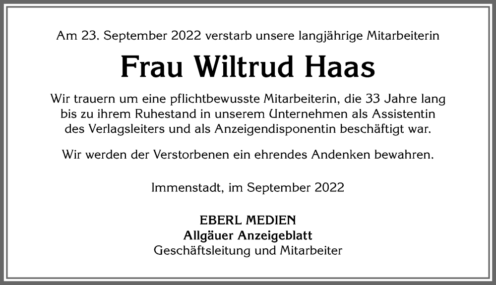  Traueranzeige für Wiltrud Haas vom 29.09.2022 aus Allgäuer Anzeigeblatt