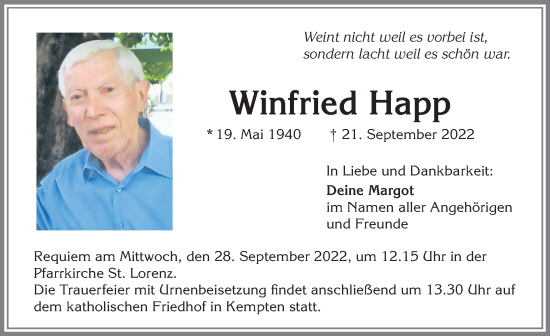 Traueranzeige von Winfried Happ von Allgäuer Zeitung,Kempten