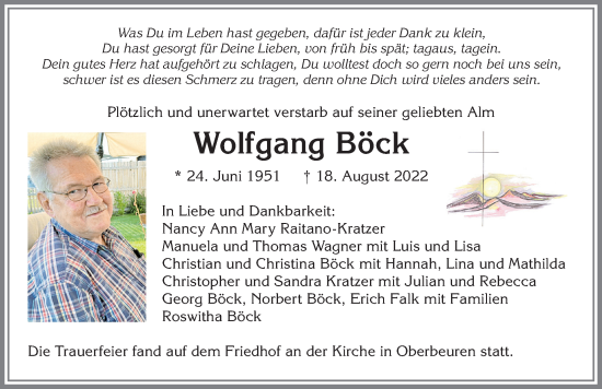 Traueranzeige von Wolfgang Böck von Allgäuer Zeitung, Kaufbeuren/Buchloe
