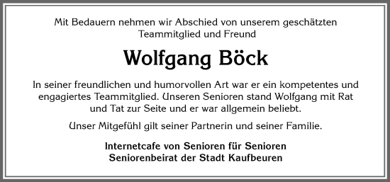 Traueranzeige von Wolfgang Böck von Allgäuer Zeitung, Kaufbeuren/Buchloe