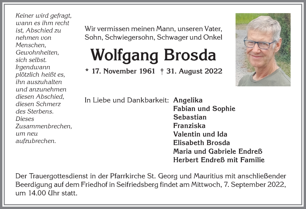  Traueranzeige für Wolfgang Brosda vom 05.09.2022 aus Allgäuer Anzeigeblatt