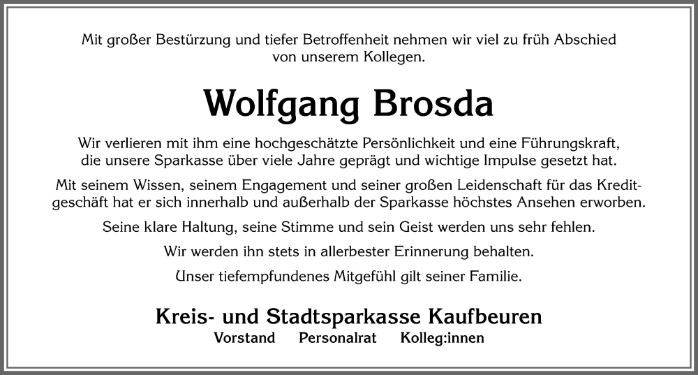  Traueranzeige für Wolfgang Brosda vom 05.09.2022 aus Allgäuer Zeitung, Kaufbeuren/Buchloe