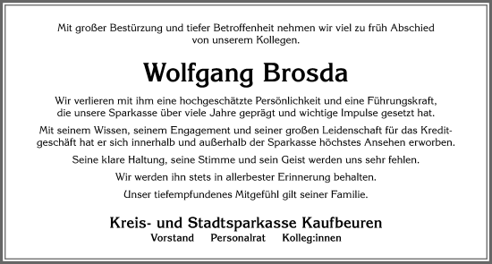 Traueranzeige von Wolfgang Brosda von Allgäuer Zeitung, Kaufbeuren/Buchloe