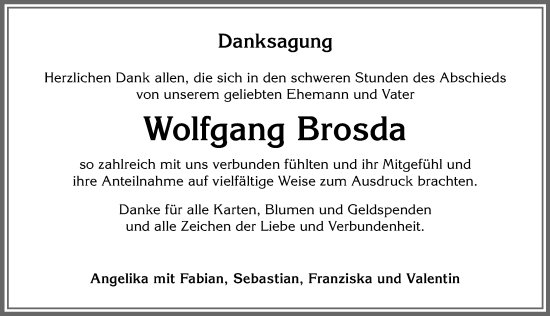 Traueranzeige von Wolfgang Brosda von Allgäuer Anzeigeblatt