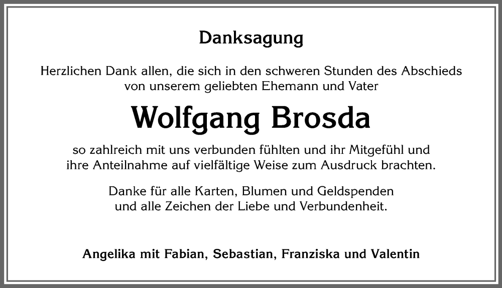  Traueranzeige für Wolfgang Brosda vom 22.09.2022 aus Allgäuer Anzeigeblatt