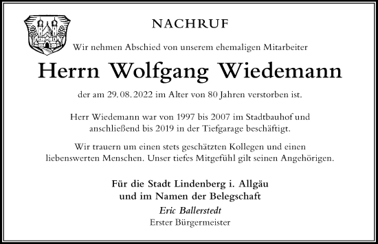 Traueranzeige von Wolfgang Wiedemann von Der Westallgäuer
