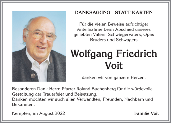 Traueranzeige von Wolfgang Friedrich Voit von Allgäuer Zeitung,Kempten