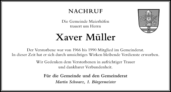 Traueranzeige von Xaver Müller von Der Westallgäuer