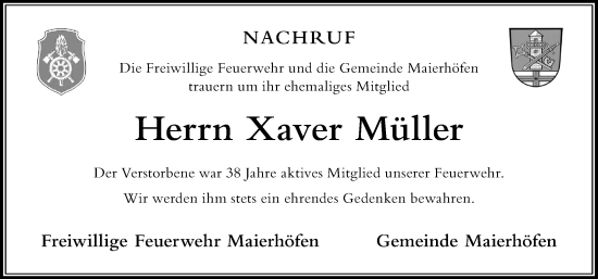 Traueranzeige von Xaver Müller von Der Westallgäuer