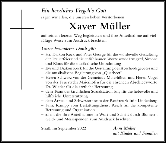 Traueranzeige von Xaver Müller von Der Westallgäuer
