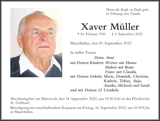 Traueranzeige von Xaver Müller von Der Westallgäuer