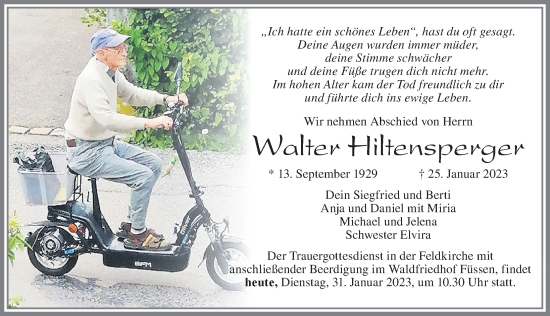 Traueranzeige von Walter Hiltensperger von Allgäuer Zeitung, Füssen