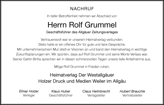 Traueranzeige von Rolf Grummel von Allgäuer Zeitung